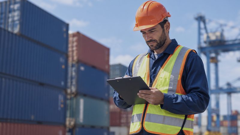 Auditor revisando documentaci&oacute;n en un patio de contenedores